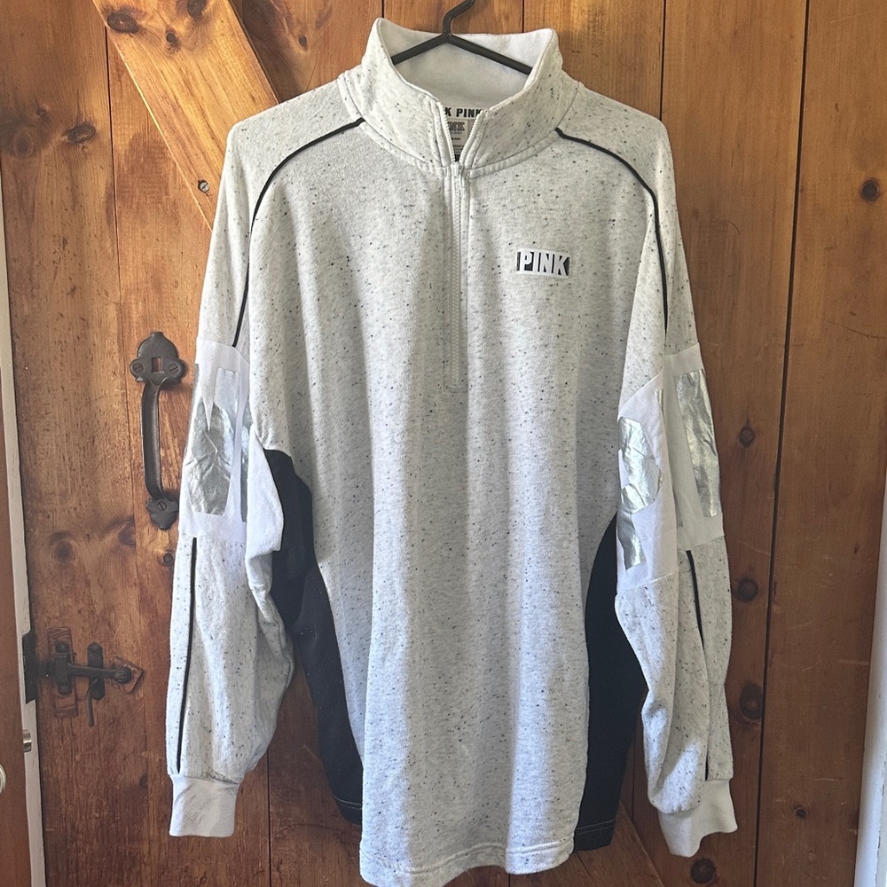 Y2k‎ Vintage VS PINK White and Silver metallic quarter Zip-Up sweatshirt L